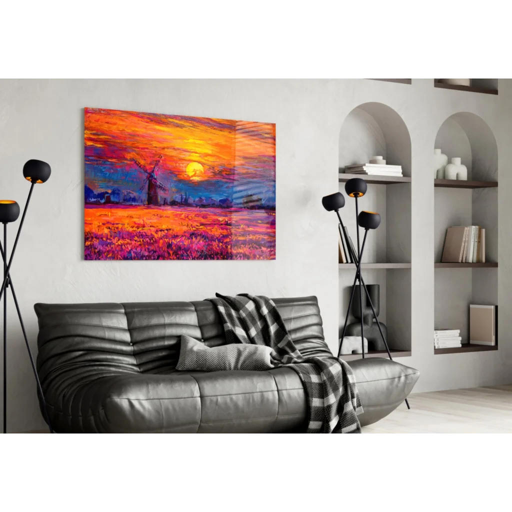 Vibrant windmill sunset wall art canvas in fiery orange purple hues