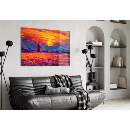 Vibrant windmill sunset wall art canvas in fiery orange purple hues