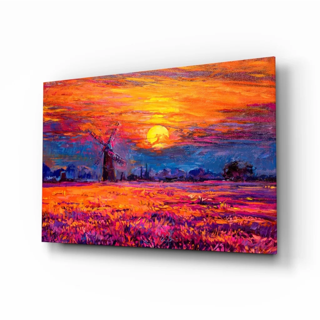 Vibrant windmill sunset canvas wall art in orange pink purple hues