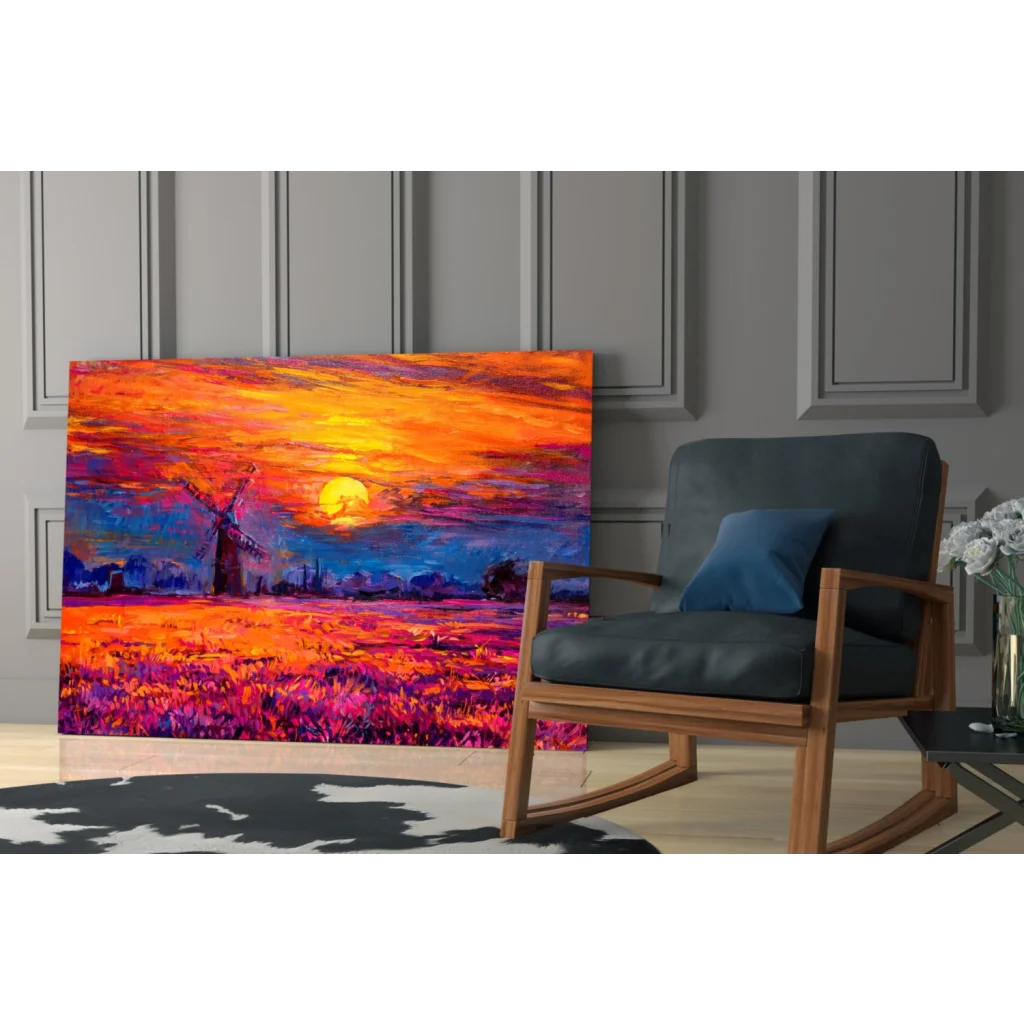 Vibrant windmill sunset wall art canvas in fiery orange purple skies