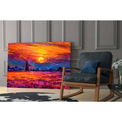 Vibrant windmill sunset wall art canvas in fiery orange purple skies