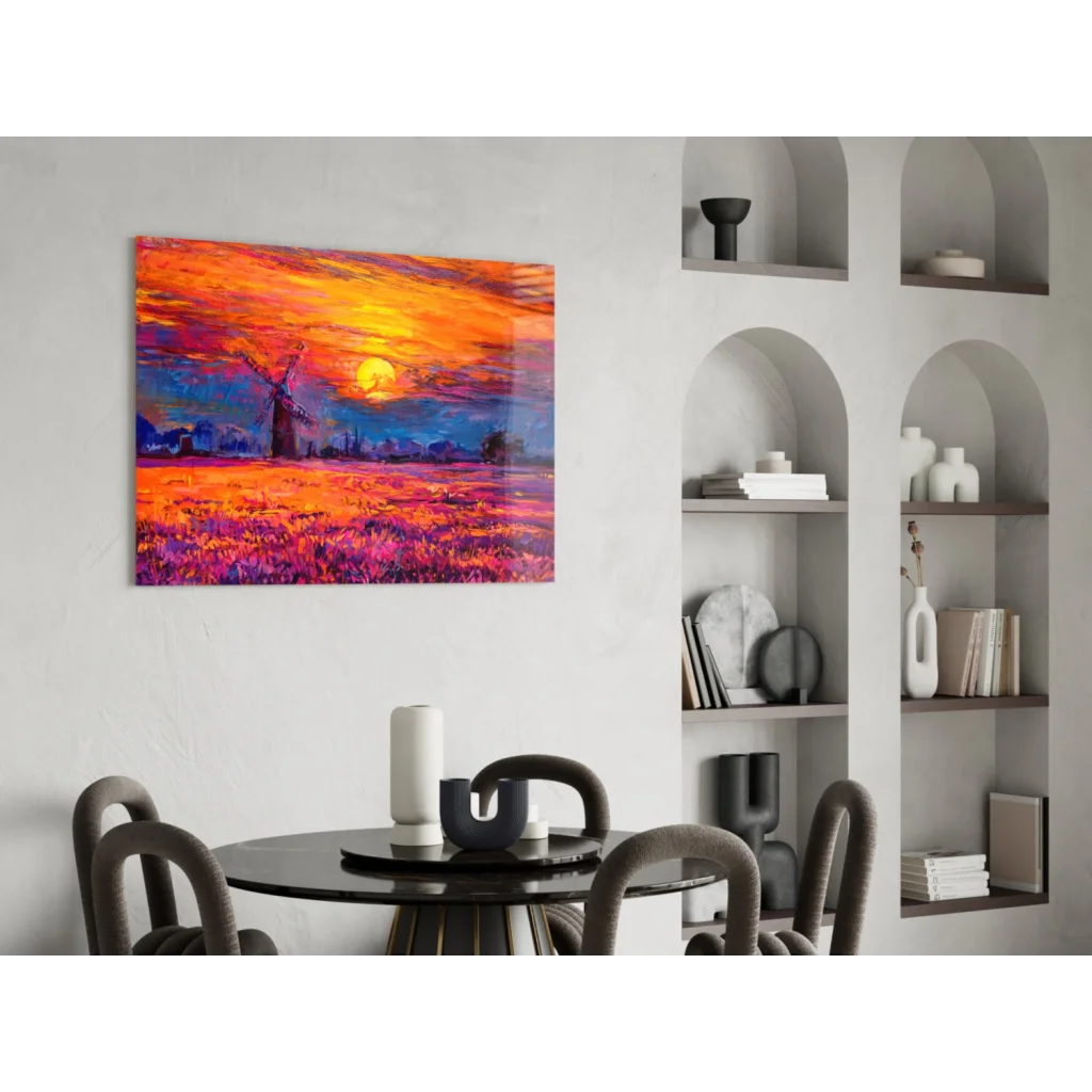 Vibrant windmill sunset wall art canvas in fiery orange purple hues