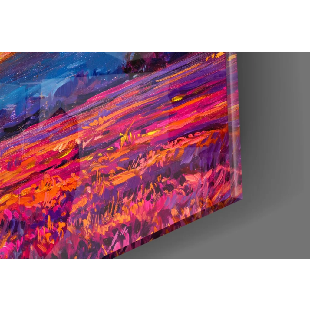 Vibrant Windmill Sunset glass wall art with fiery orange purple skies on glossy acrylic