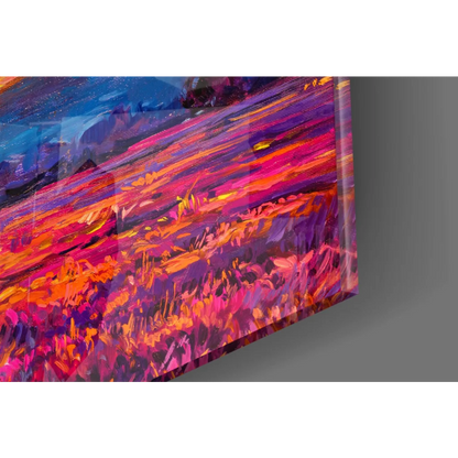 Vibrant Windmill Sunset glass wall art with fiery orange purple skies on glossy acrylic