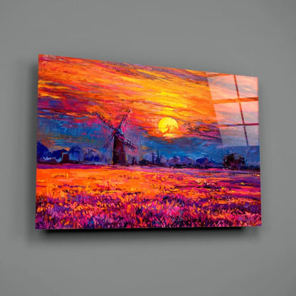 Vibrant windmill sunset wall art canvas in fiery orange purple skies