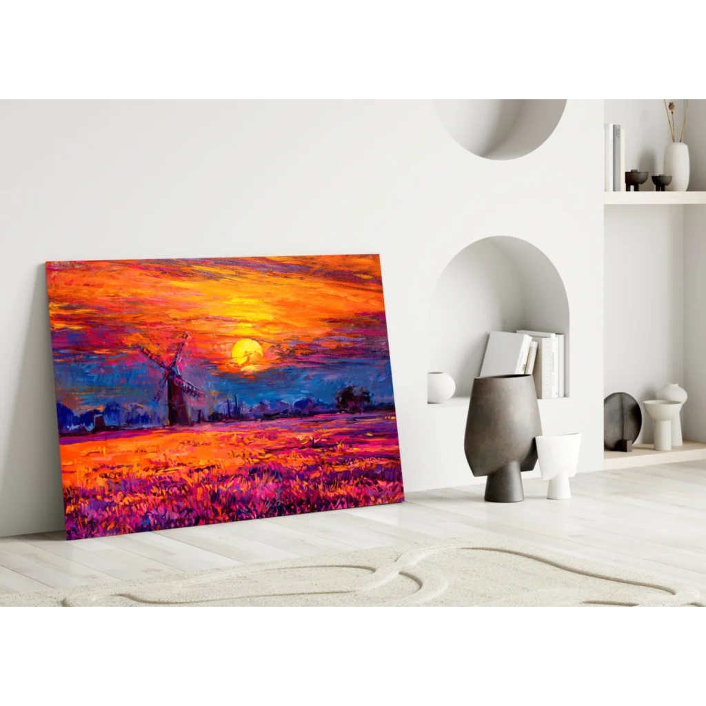Vibrant windmill sunset wall art canvas in fiery orange purple skies