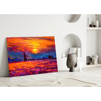 Vibrant windmill sunset wall art canvas in fiery orange purple skies