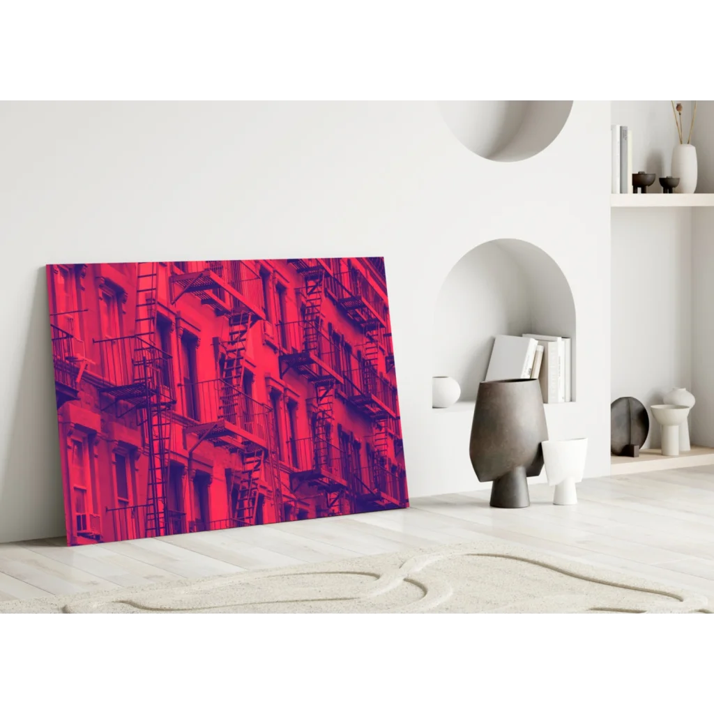 Vibrant red purple cityscape glass wall art print with fire escapes