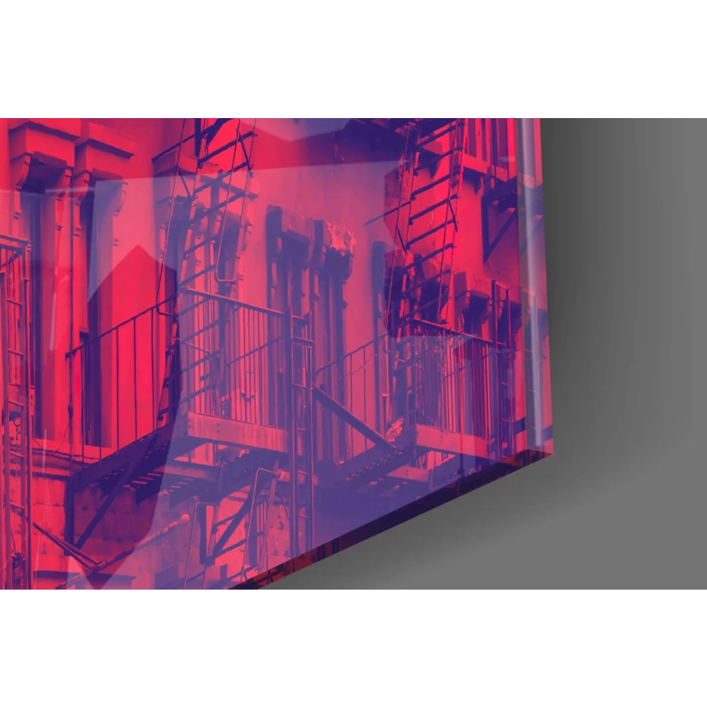 Vibrant red purple abstract cityscape glass wall art with fire escapes