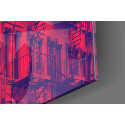 Vibrant red purple abstract cityscape glass wall art with fire escapes