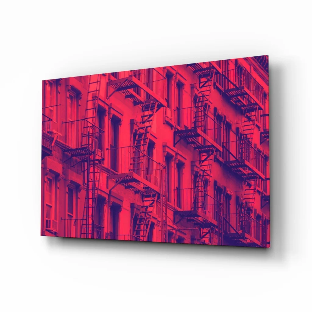 Vibrant red purple abstract cityscape glass wall art with fire escapes