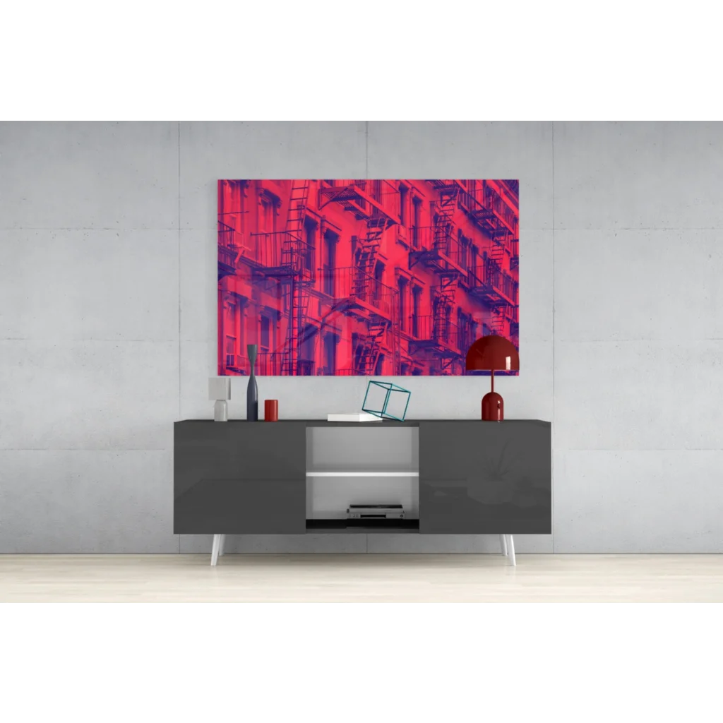 Vibrant red purple abstract cityscape glass wall art on canvas