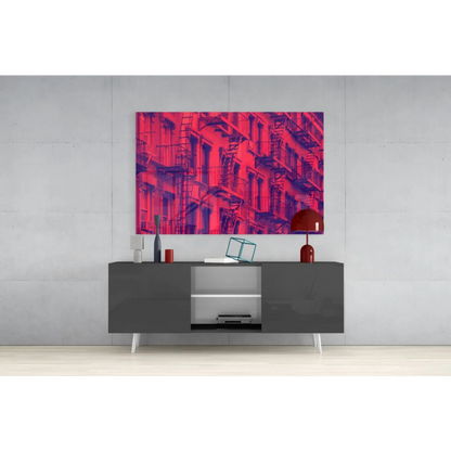 Vibrant red purple abstract cityscape glass wall art on canvas
