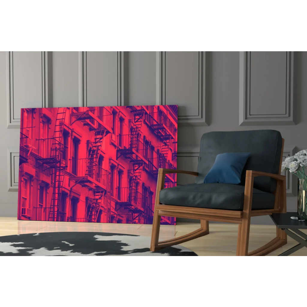 Vibrant pink purple fire escape on fiery cityscape glass wall art