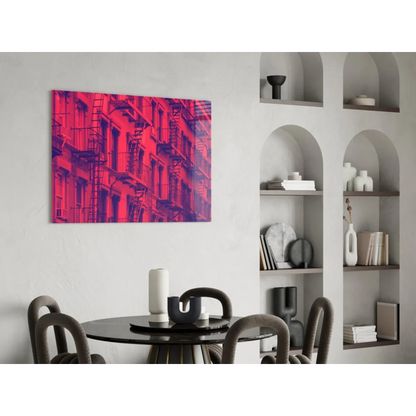 Vibrant red purple abstract cityscape on glass wall art print
