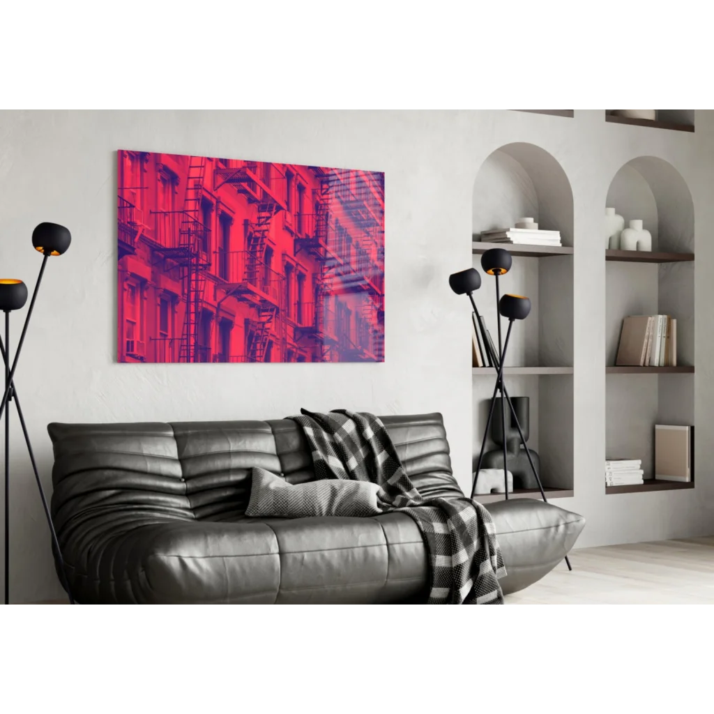 Vibrant red purple abstract cityscape glass wall art on white wall