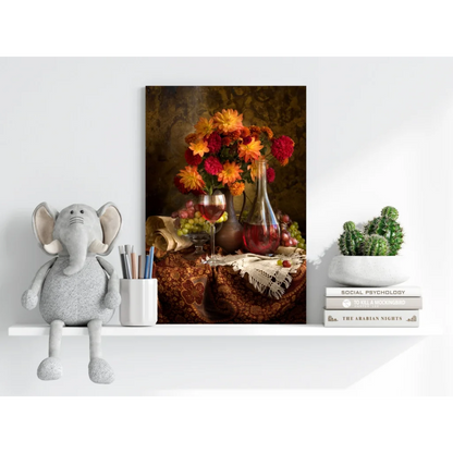 Vibrant orange red floral still life insigne aluminum print with wine glass grapes vases