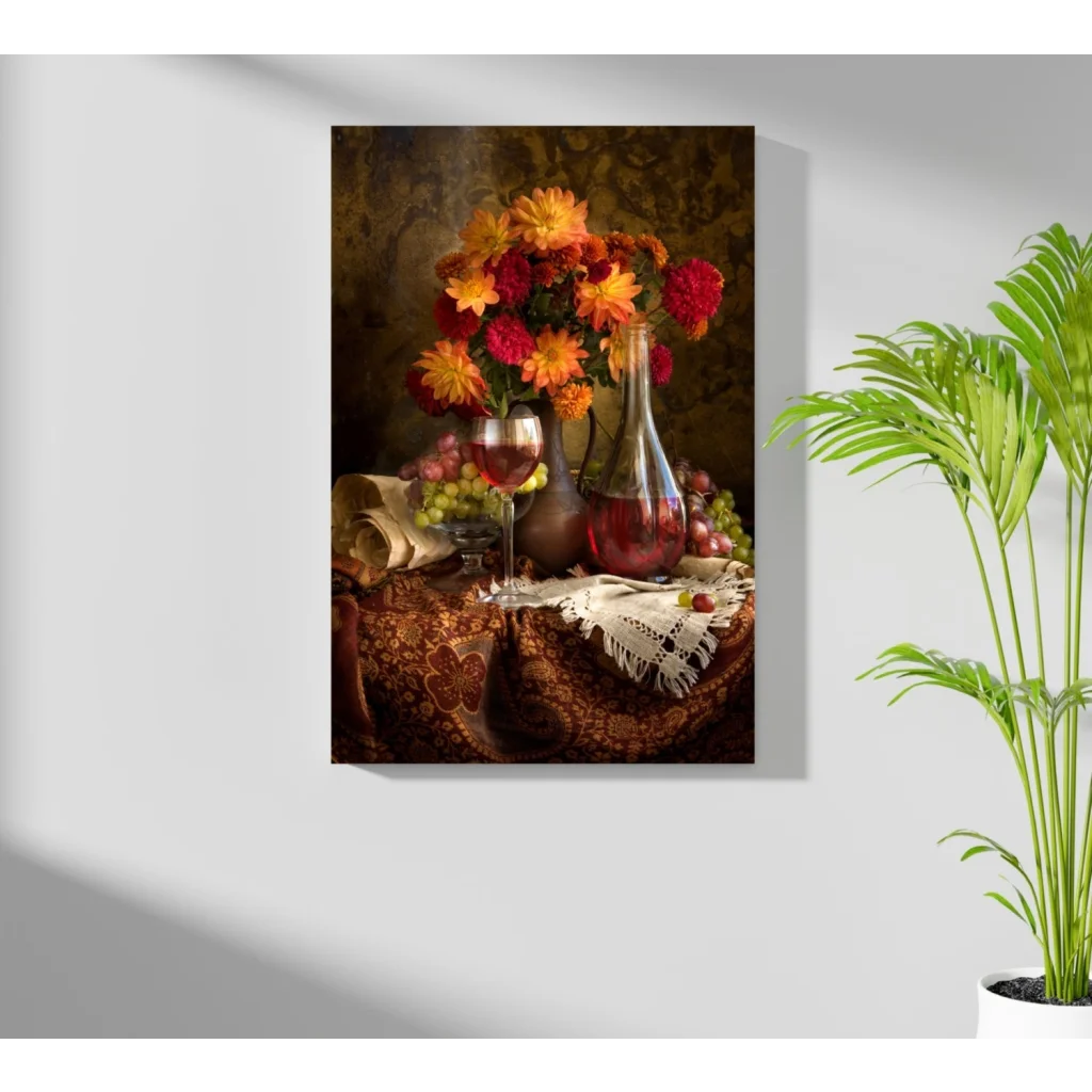 Vibrant autumn floral insigne aluminum print with dahlias, grapes, wine