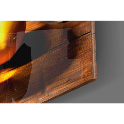 Rich warm-toned wooden cabinet with polished finish in glass wall art