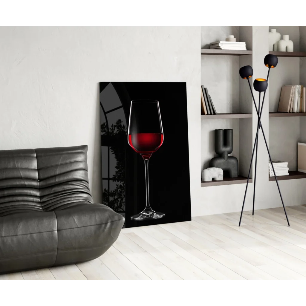 Stunning red wine glass wall art canvas print on black background