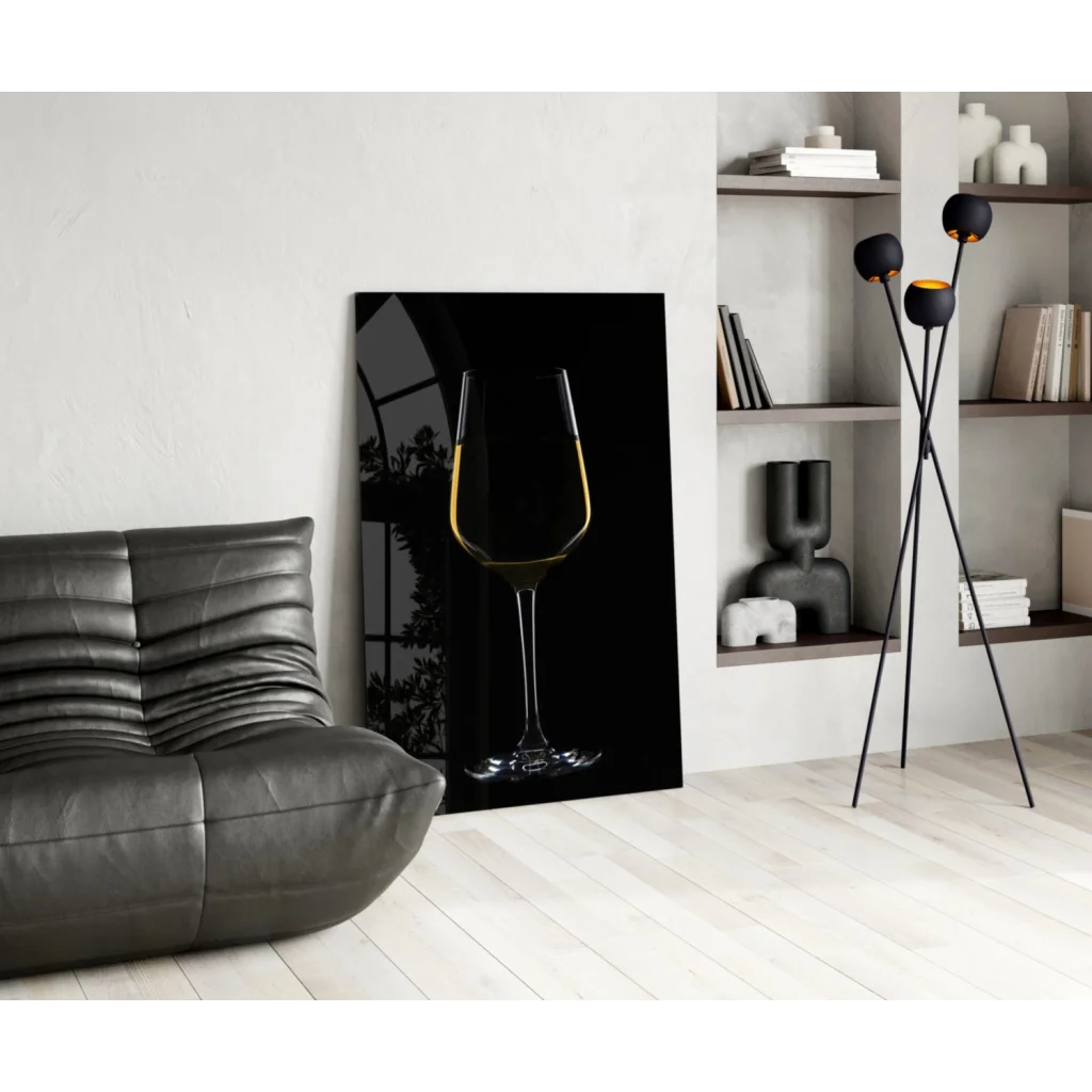 Minimalist gold wine glass wall art on black canvas print