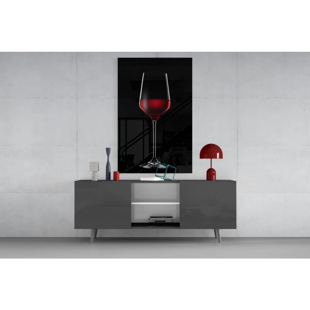 Vivid red wine glass wall art canvas print in black frame
