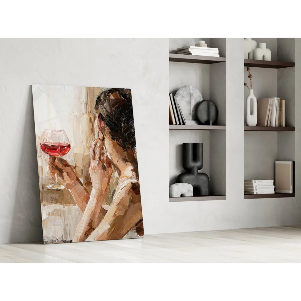 Modern abstract wine woman glass wall art in warm earthy tones