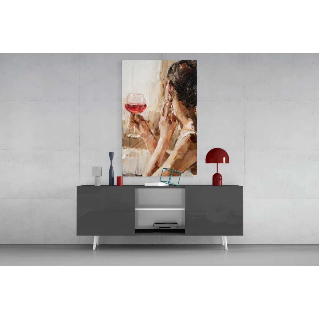 Modern abstract wine woman glass wall art in warm earthy tones