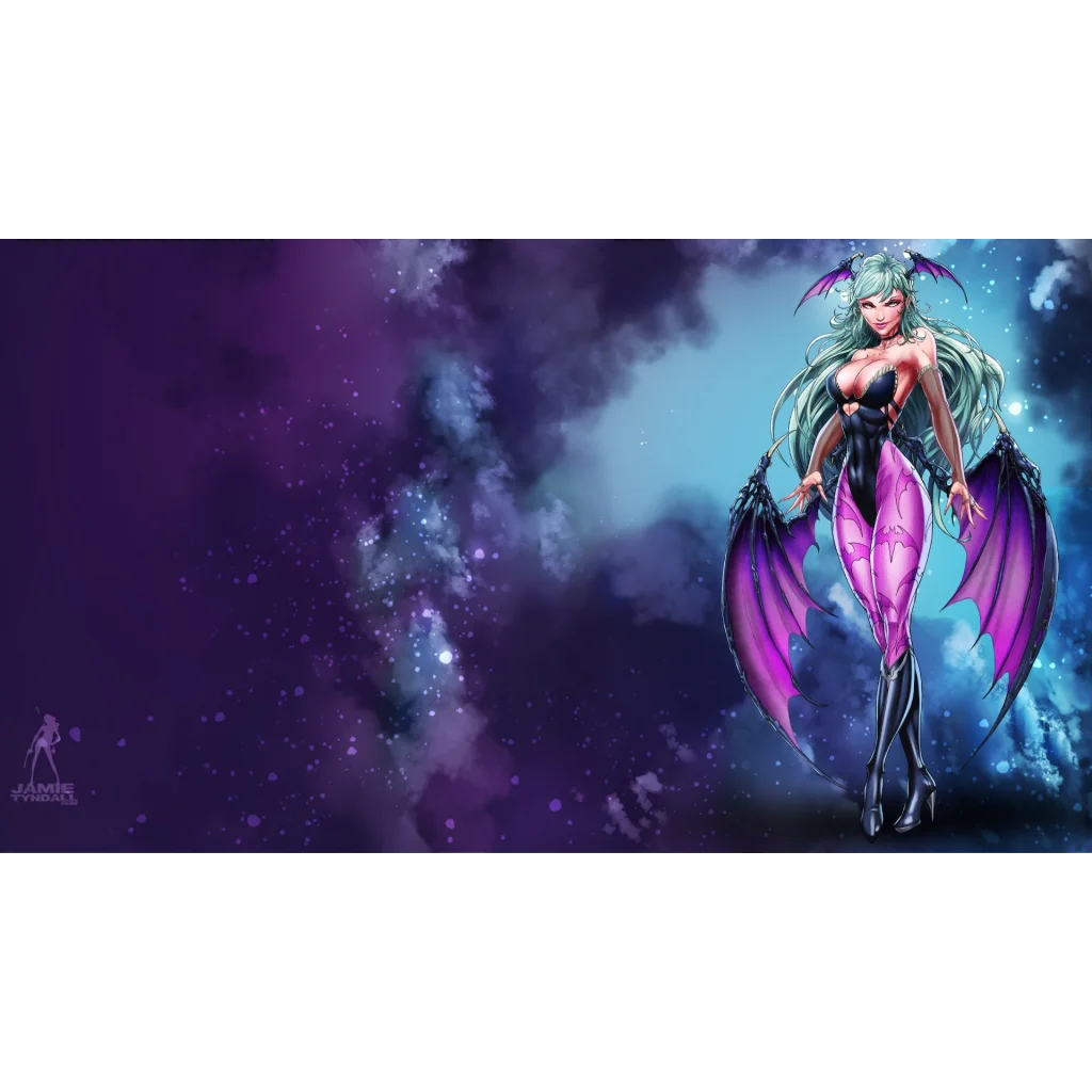 Stylized winged anime girl with long silver hair and purple bat wings in pink-black bodysuit digital art