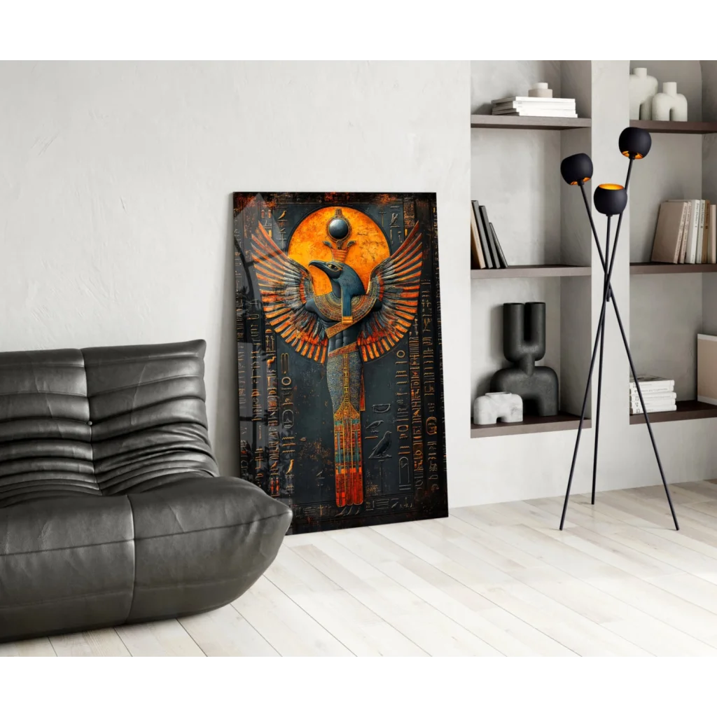 Golden Horus Egyptian god glass wall art with sun wings and hieroglyphs