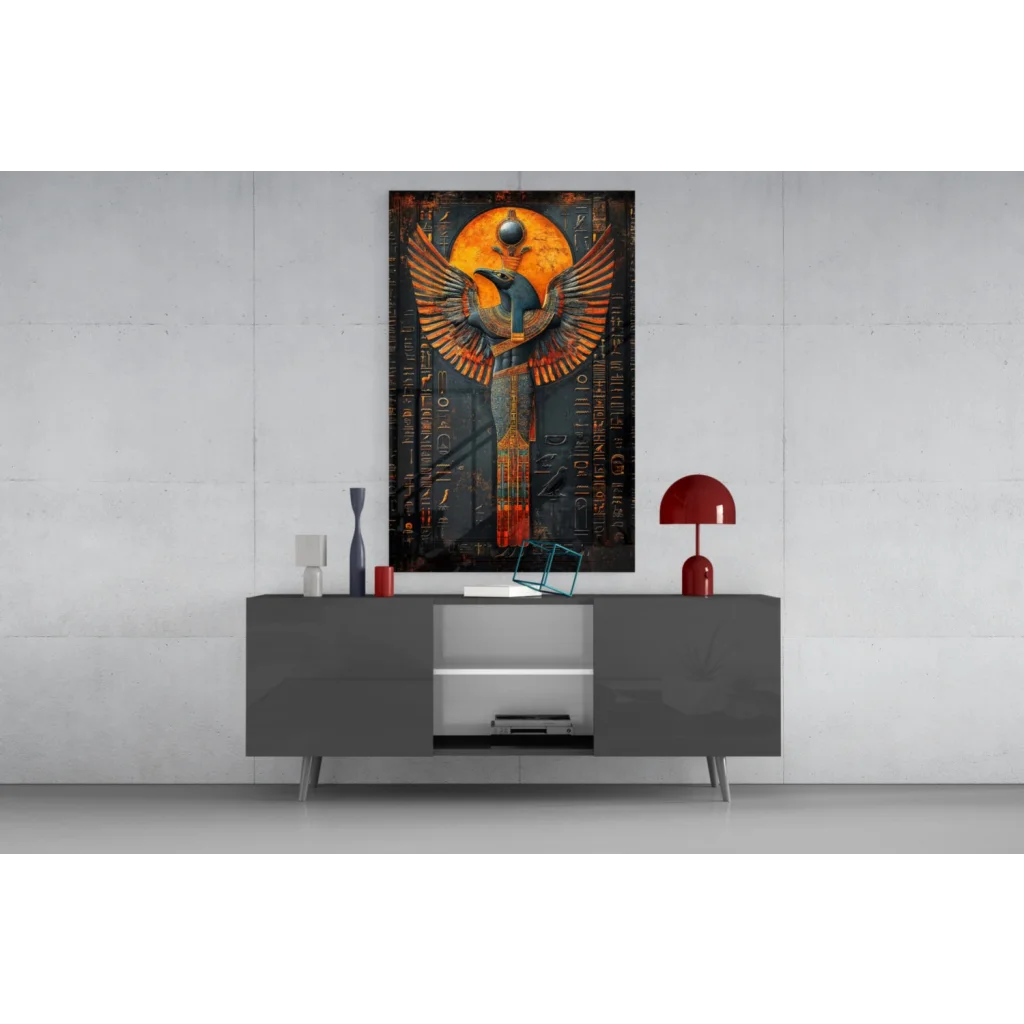 Horus Egyptian god glass wall art with golden sun wings