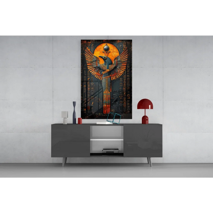 Horus Egyptian god glass wall art with golden sun wings