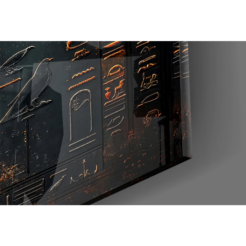 Black Horus Egyptian god glass wall art with golden sun wings and hieroglyphs