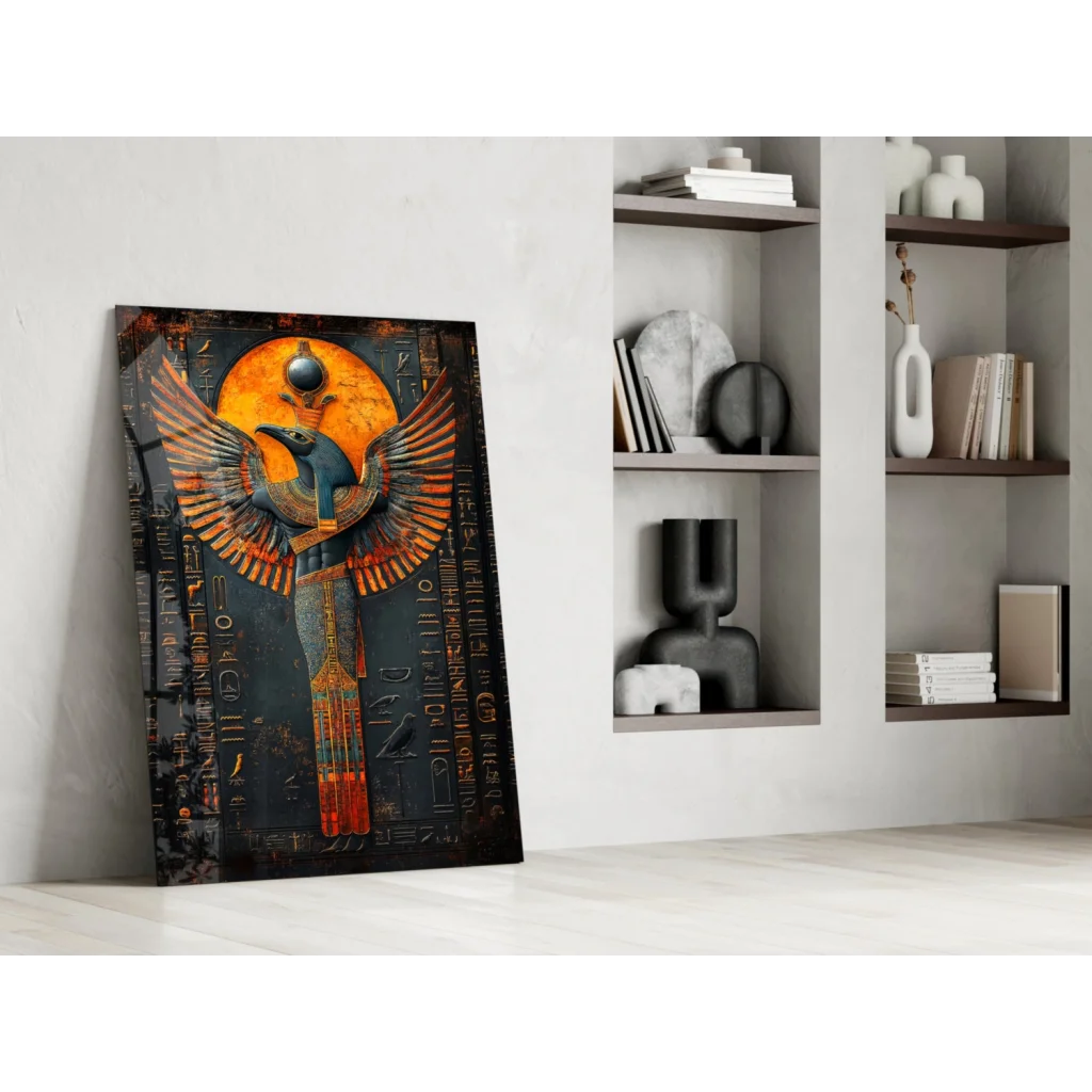 Golden Horus Egyptian god glass wall art with sun wings and hieroglyphs