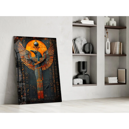 Golden Horus Egyptian god glass wall art with sun wings and hieroglyphs