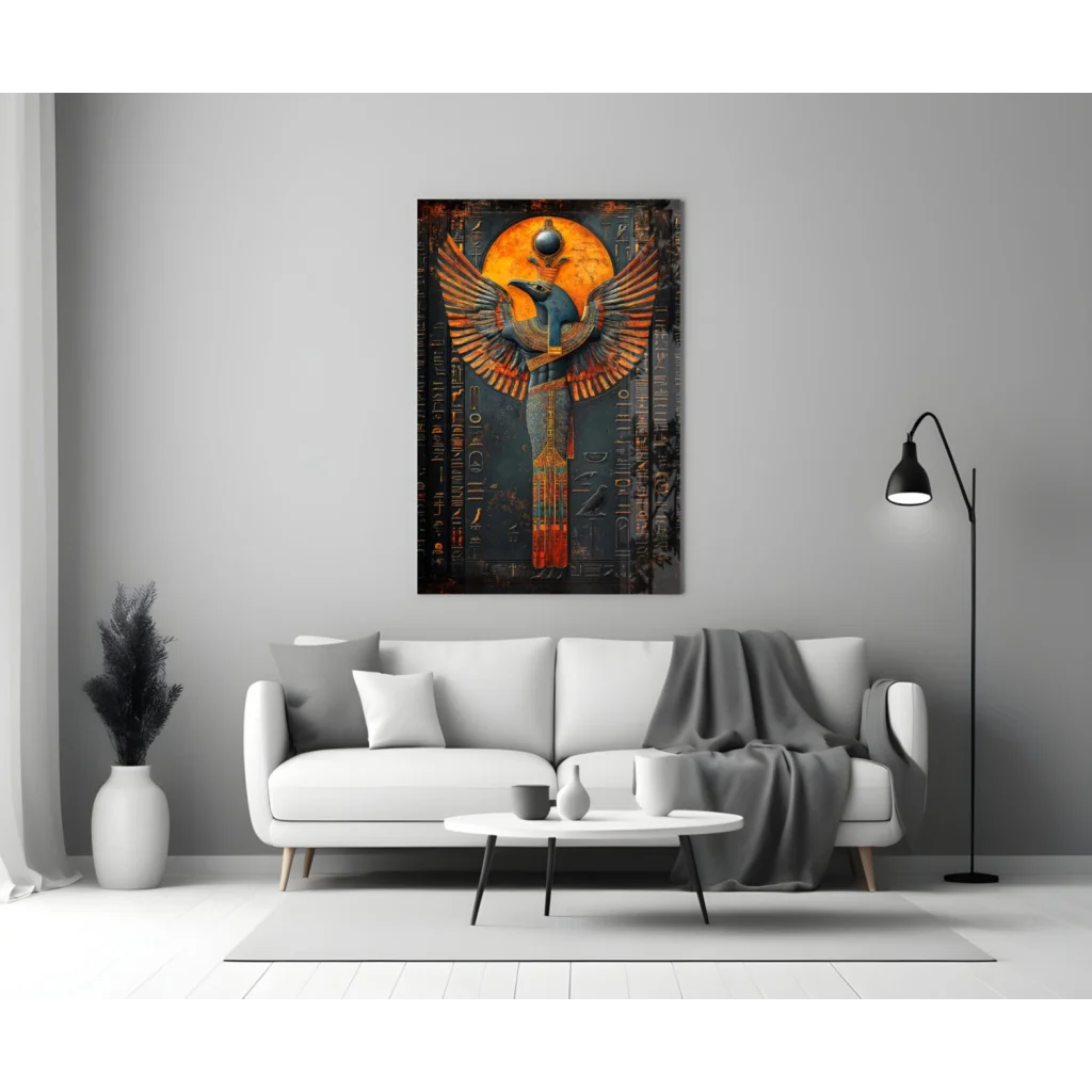 Horus Egyptian God Glass Wall Art with Golden Sun Wings | Modern Wall Art Decor | vintageantiquesgifts.com