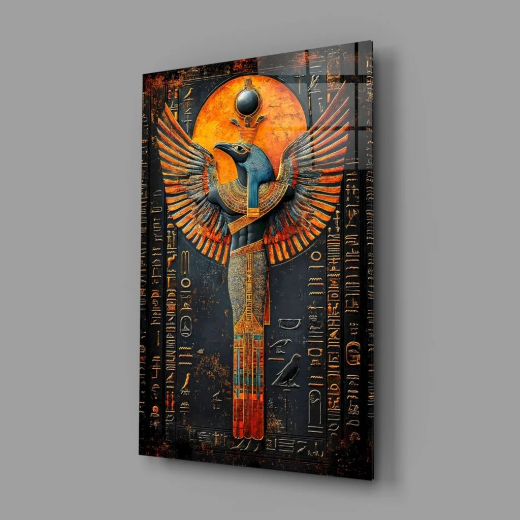 Horus Egyptian God Glass Wall Art with Golden Sun Wings | Glass Wall Art Print | vintageantiquesgifts.com