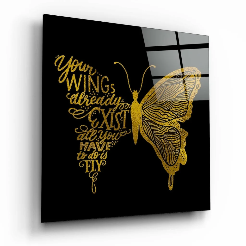 Golden Butterfly Glass Wall Art with Inspirational Wings Quote | Insigneart USA | vintageantiquesgifts.com