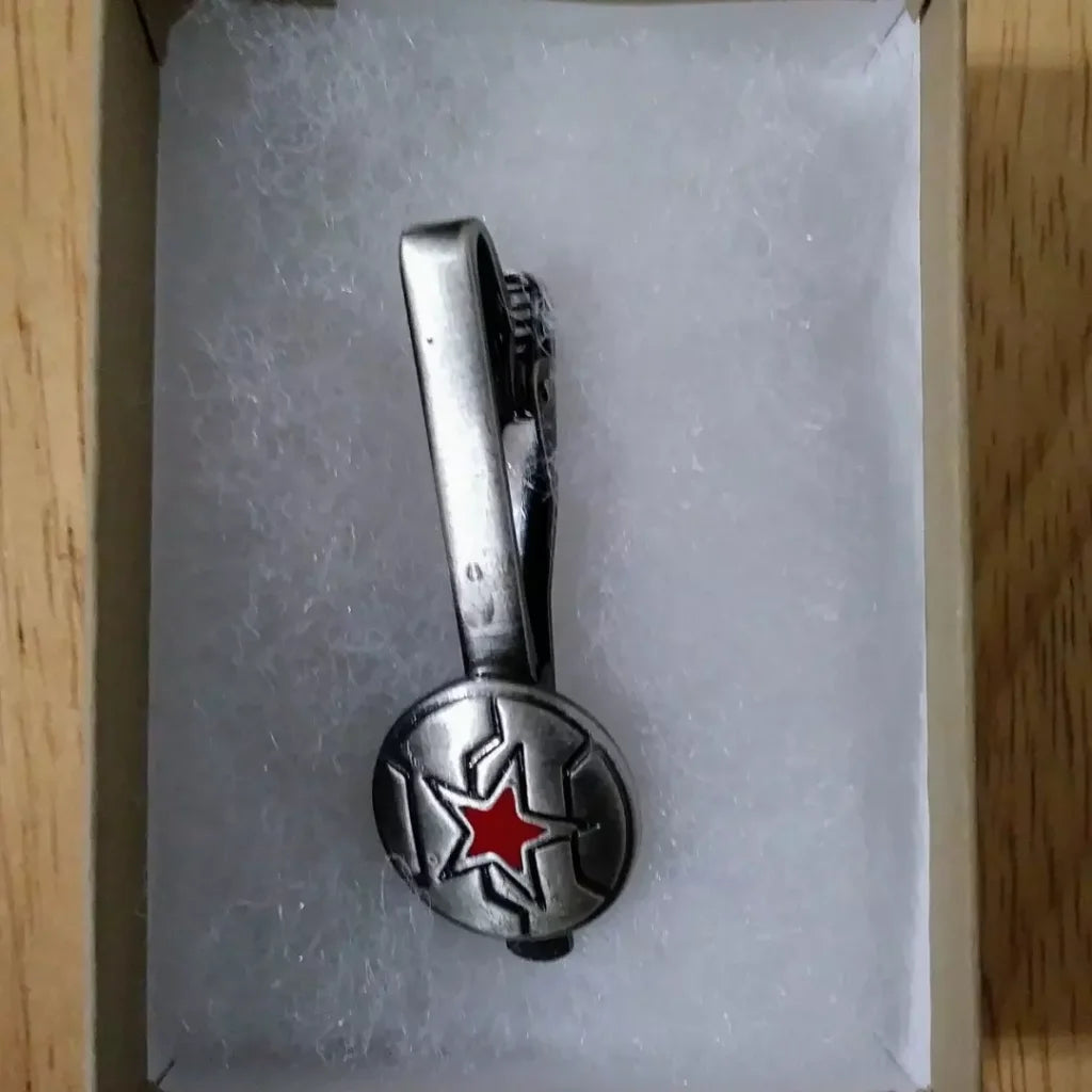 Winter Soldier tie clip with red star and black cross design