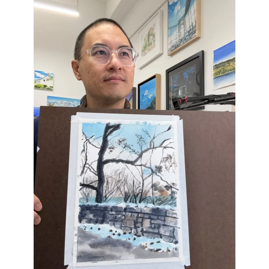 Watercolor of stone wall and trees in Fort Tryon Park, blue sky