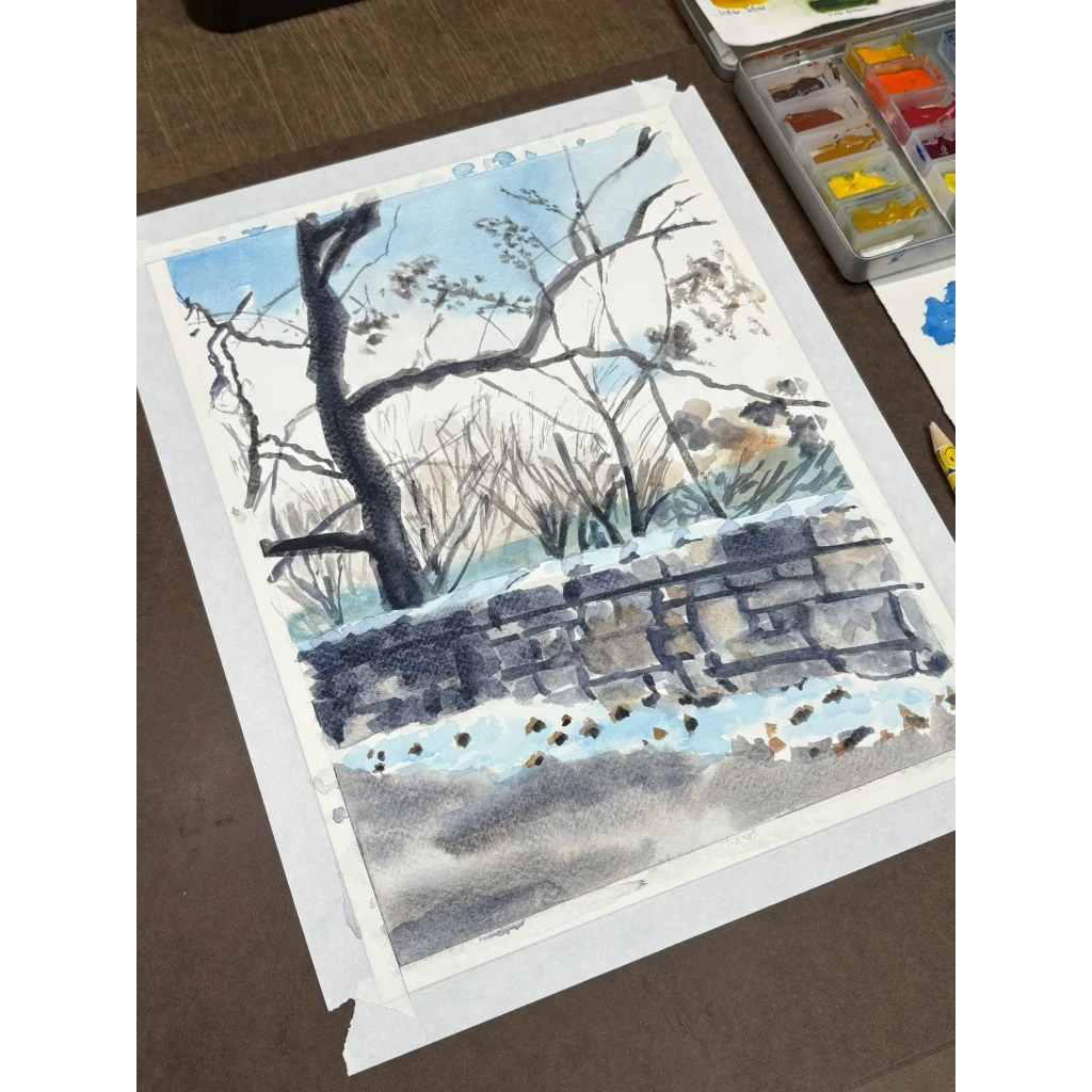 Winter watercolor of Fort Tryon Park with snowy trees and fence