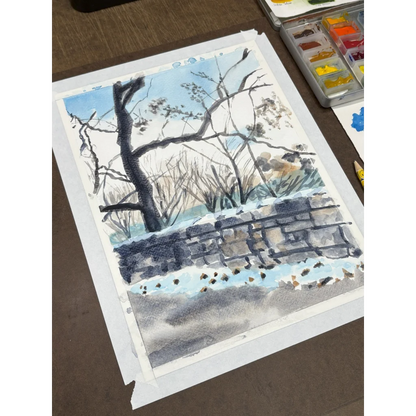 Winter watercolor of Fort Tryon Park with snowy trees and fence