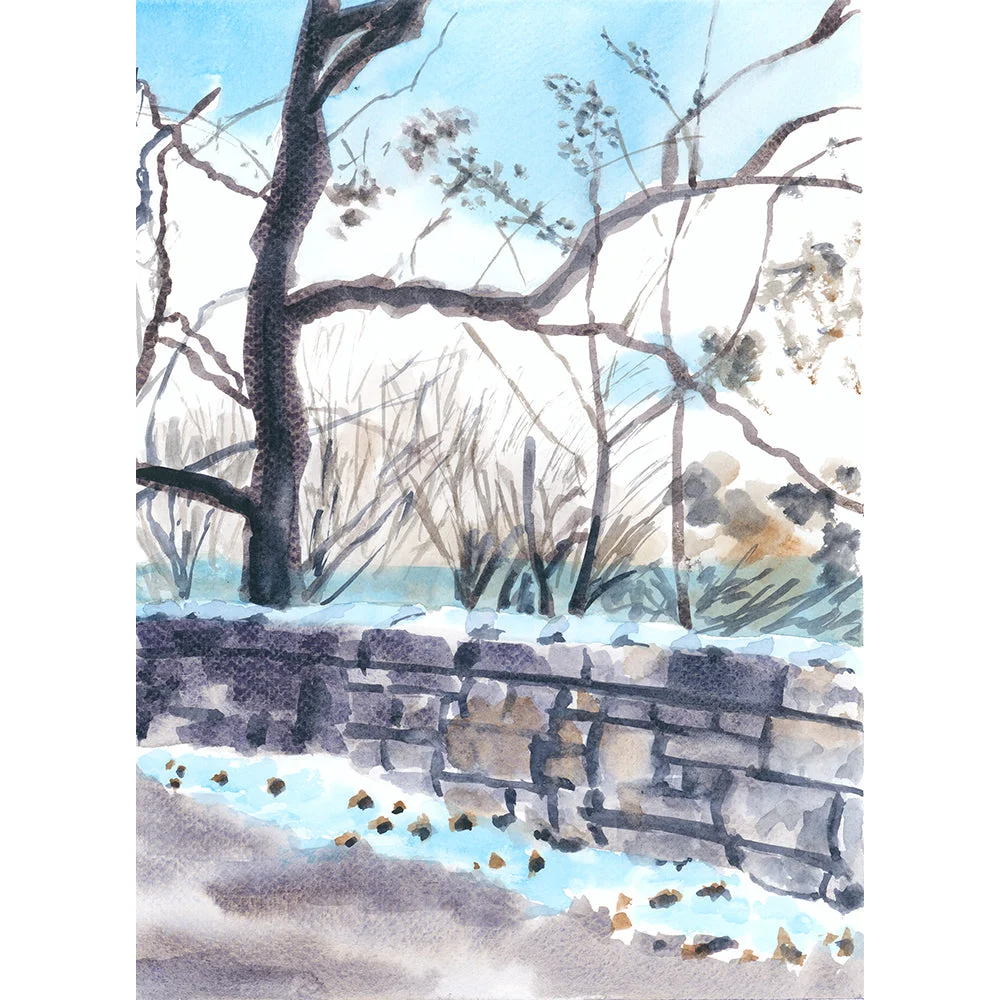 Snowy stone wall and trees in Fort Tryon Park winter scene watercolor