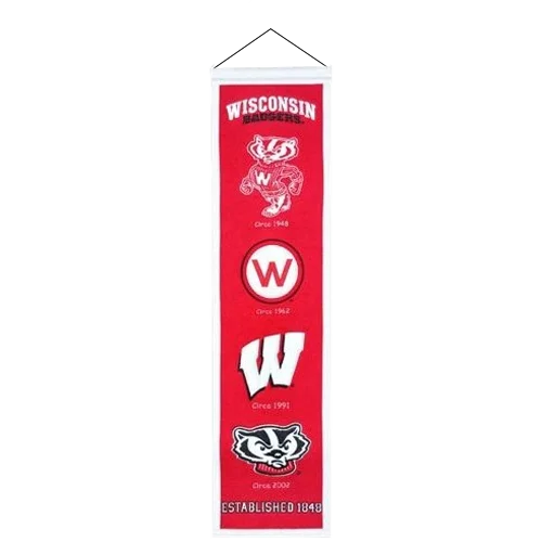 Red Wisconsin Badgers heritage banner showing logo evolution