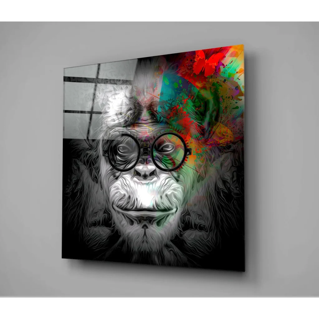 Funky gorilla glass wall art with rainbow splashes and bold details