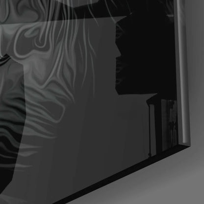 Funky Gorilla glass wall art with black gray abstract figure and rainbow splashes