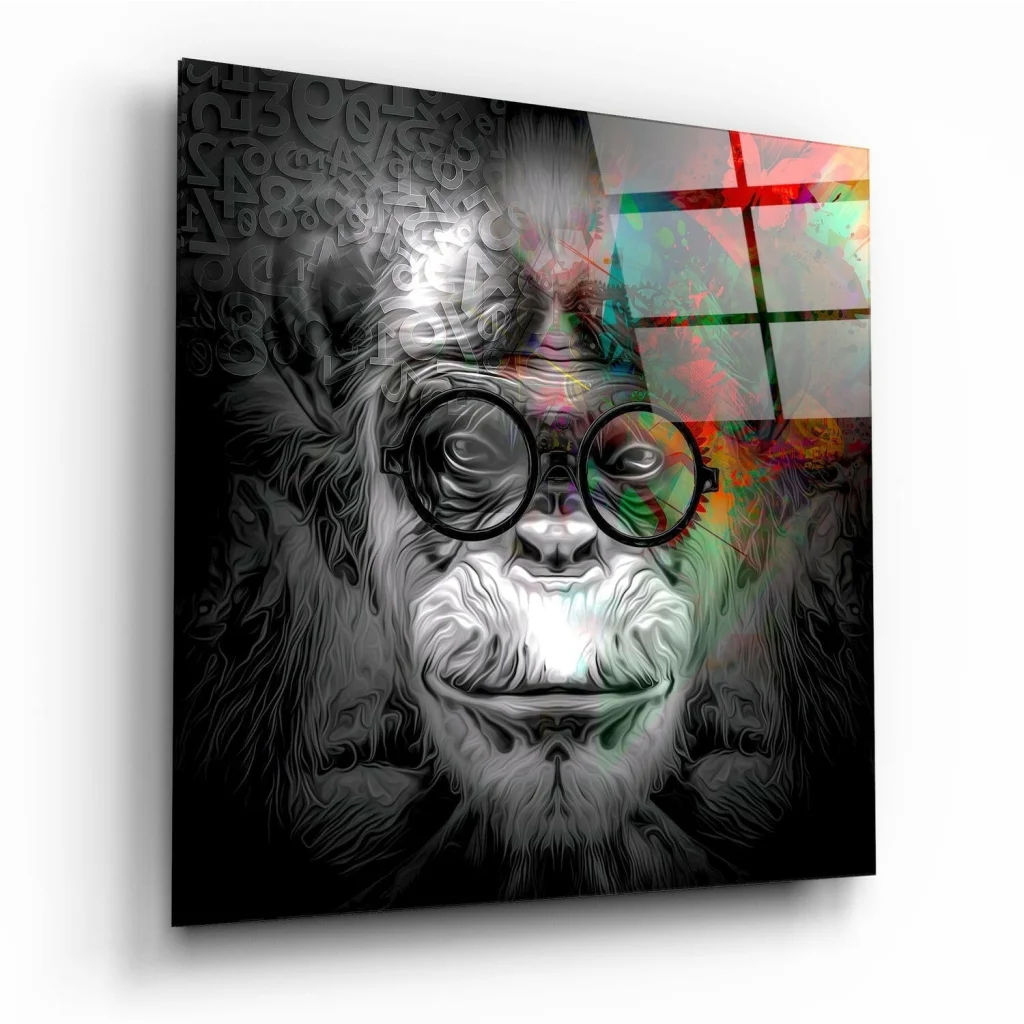 Stylized black-and-white gorilla in glasses on funky glass wall art with rainbow splashes