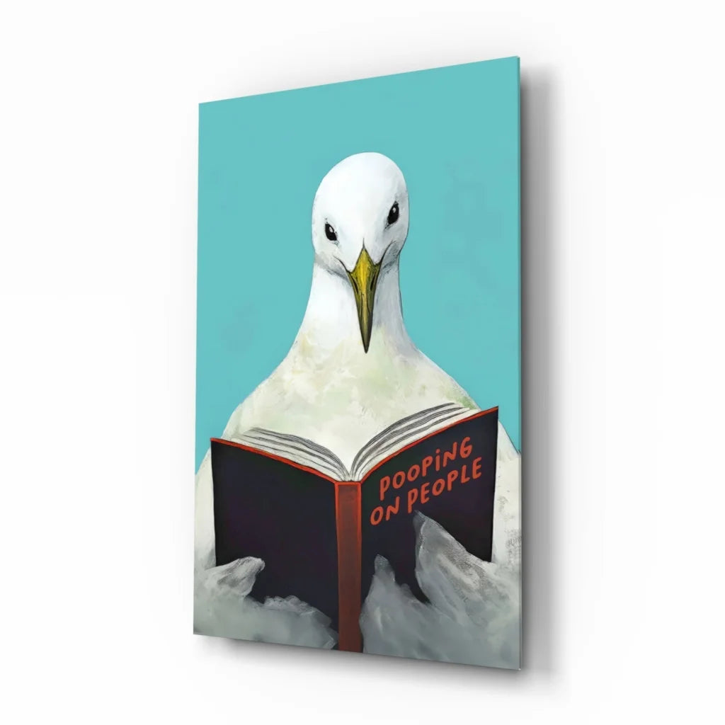 Funny seagull reading Pooping on People book glass wall art canvas print