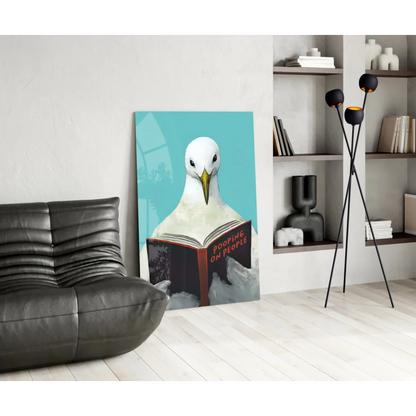 Funny turquoise seagull reading Pooping on People book glass wall art canvas print
