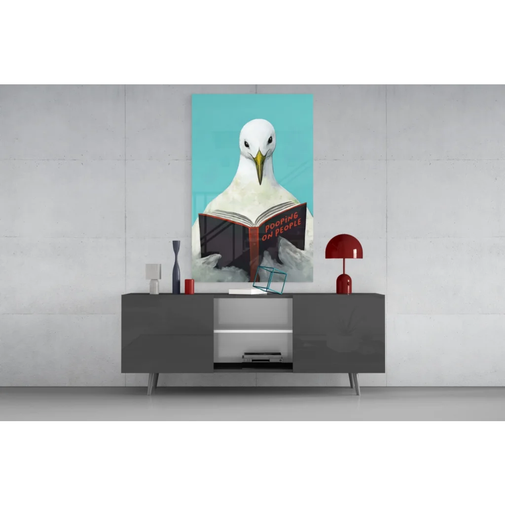 Funny seagull reading Pooping on People book glass wall art canvas print